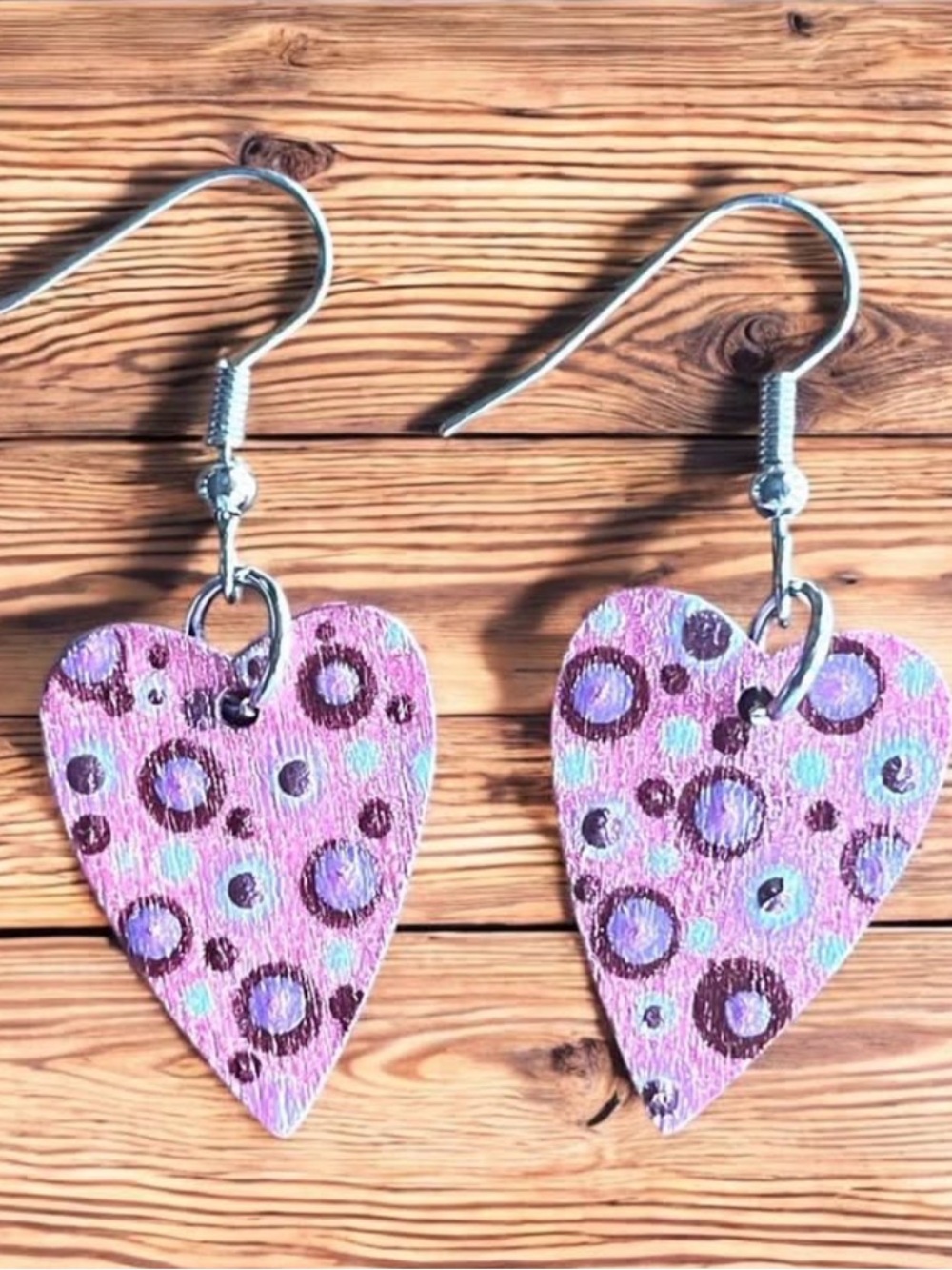 Dot-Painted Heart Earrings: Metallic Pink Burgundy Wood Earrings